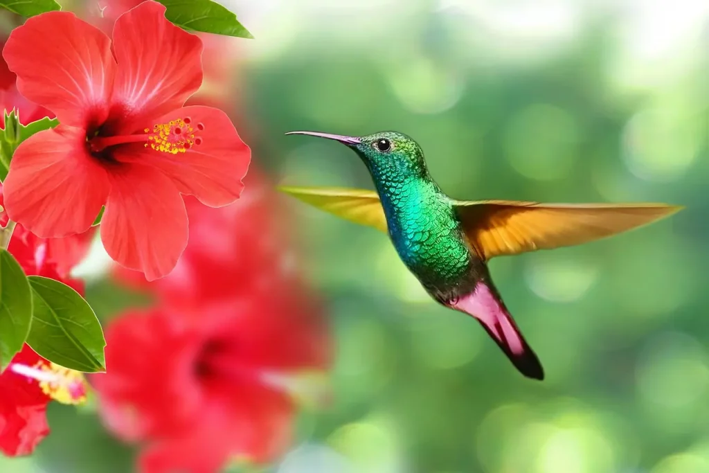Green hummingbird hovering near red hibiscus