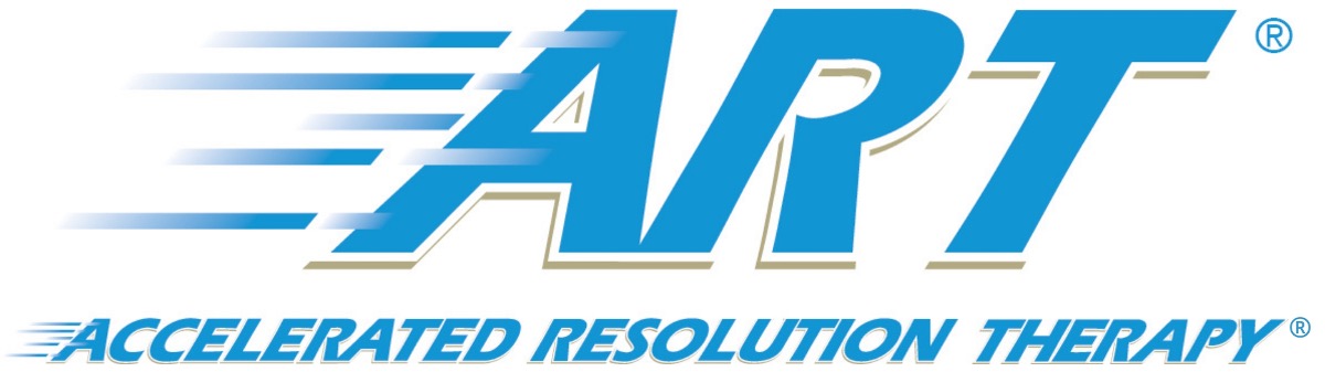 ART logo, blue capital letters with a white shadow with the words "Accelerated Resolution Therapy®" underneath