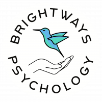The words Brightways Psychology in a circle around a drawing of a hand lifting a blue and green hummingbird
